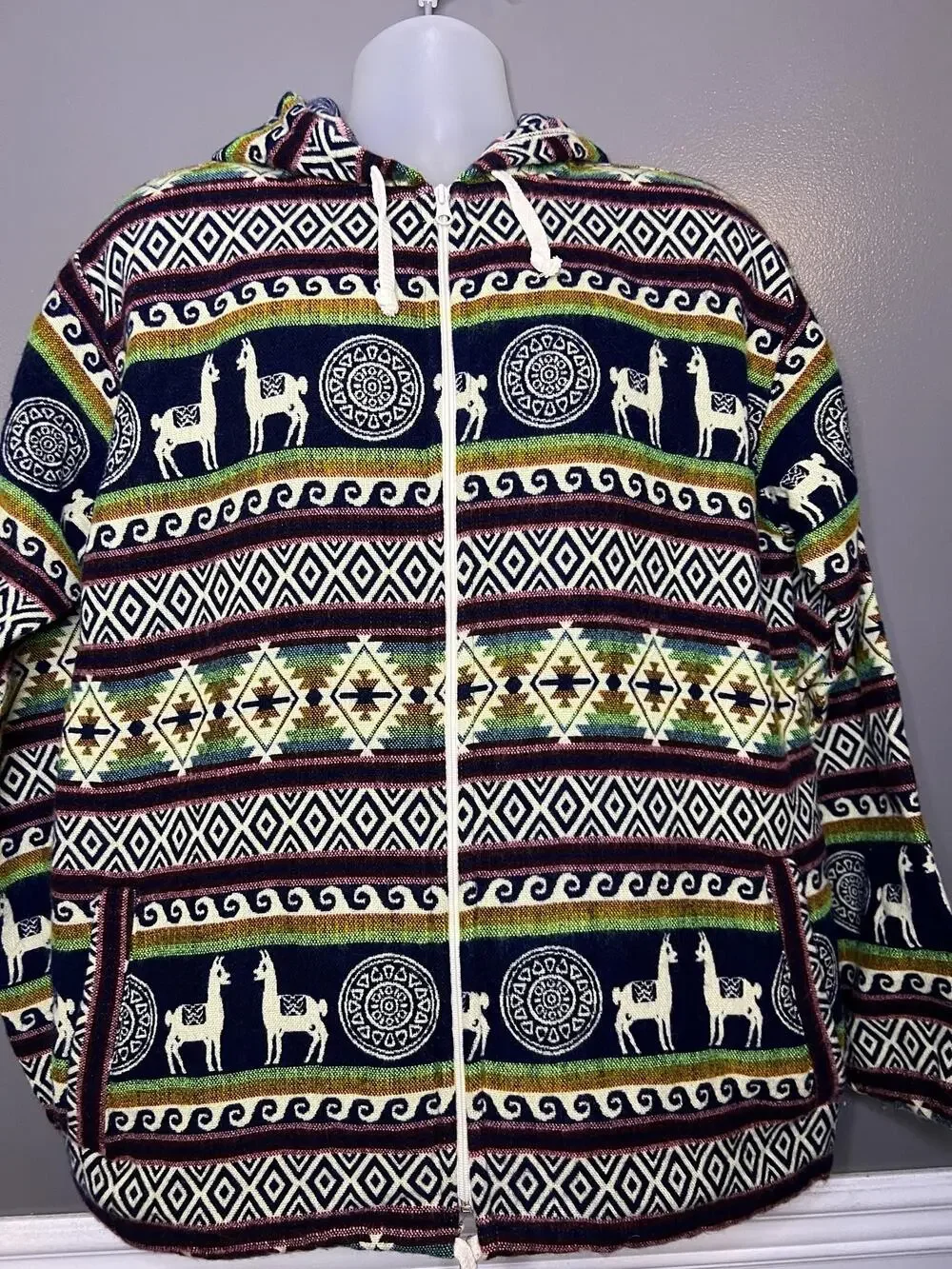 Llama Alpaca Sweater Mens XL Wool Blue Hooded Full Zip Knit Ecuador Tribal